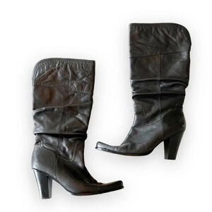 Nine West June Black Leather Slouch Boot Size 8.5 High Heel 80s Vibes Wench Goth